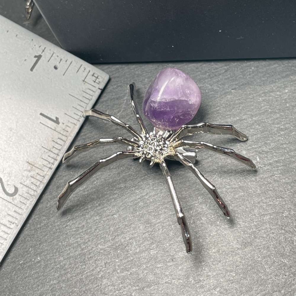 Amethyst Crystal Stone Silver Spider Brooch Artisan Made - Picture 7 of 10